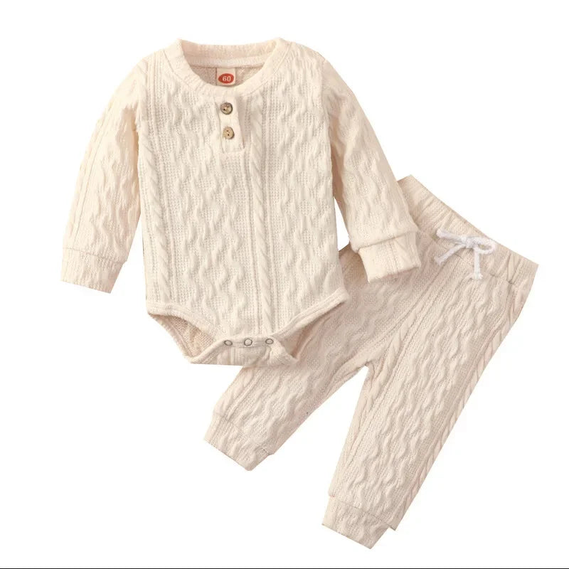 Ensemble body + pantalon pour bébé fille ou garçon – vêtements d'automne – manches longues – pull à boutons et pantalon en tricot