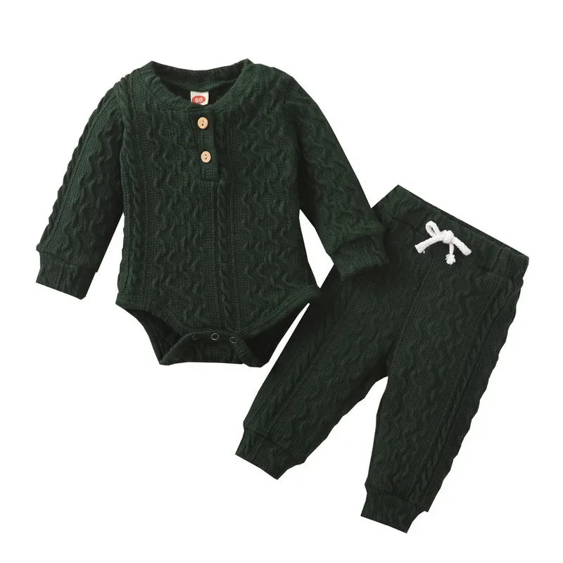 Ensemble body + pantalon pour bébé fille ou garçon – vêtements d'automne – manches longues – pull à boutons et pantalon en tricot