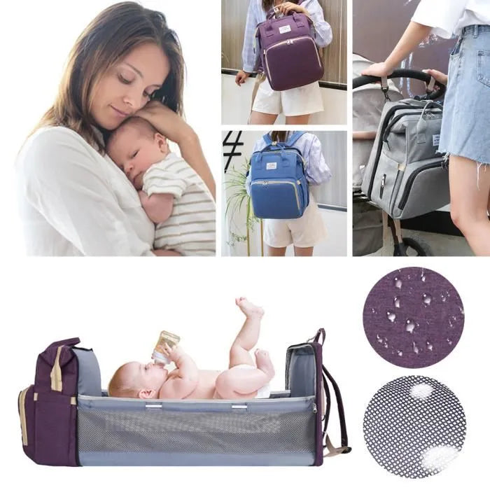 Sac à Langer pour Bébé Sac à Dos, Sacs à Langer Grande Capacité, Sac à Langer de Voyage Portable Avec Lit Pliable, Sac à Dos pour Lit Bébé