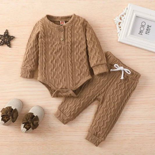 Ensemble body + pantalon pour bébé fille ou garçon – vêtements d'automne – manches longues – pull à boutons et pantalon en tricot
