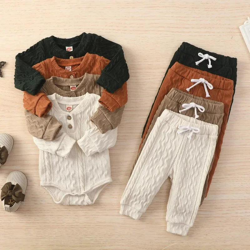 Ensemble body + pantalon pour bébé fille ou garçon – vêtements d'automne – manches longues – pull à boutons et pantalon en tricot